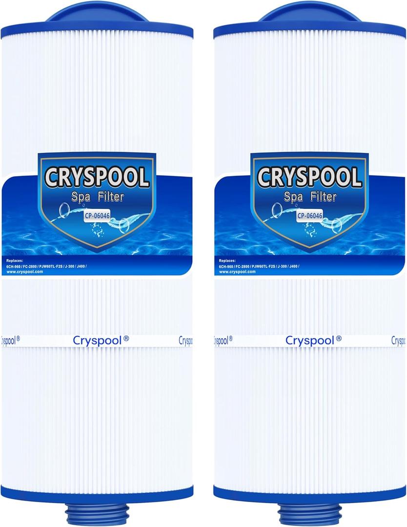 Cryspool 06046 Filter Compatible with J-300, J400, 6CH-960, FC-2800, PJW60TL-F2S, 14081, 6540-383, Premium, Closed Handle(Not Removable Tops), 60 Sq. Ft Spa Filter Cartridge, 2 Pack