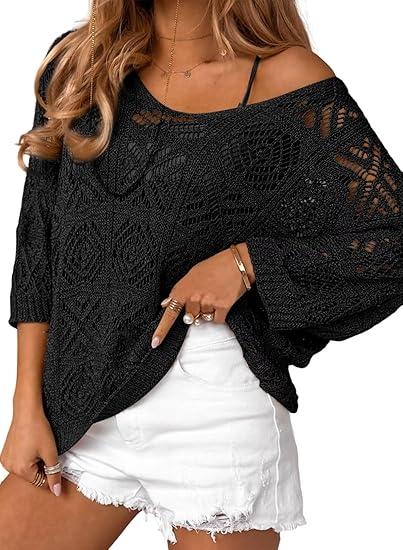TIPS Womens Vintage Crochet Knit Sweaters Off Shoulder Loose Fit Hollow Out Batwing Sleeve Pullover Tops Trendy Fall 2025, Size: XL