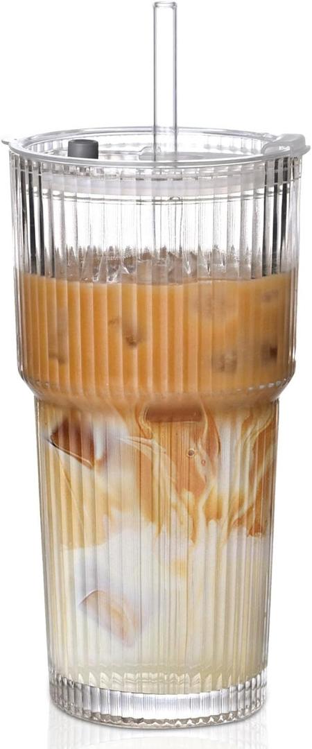 20oz Ribbed Glass Cups with Lids and Straws,1PCS Glass Tumbler with Straw and Lid,Iced Coffee Cups Drinking Glasses for Juice Whiskey Cocktail Beer