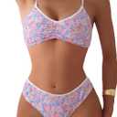 RoseSeek Women's 2 Piece Floral Bikini Sets V Neck Bras and Mid Rise Panties Swimwear Beach Wear (Pink, L)