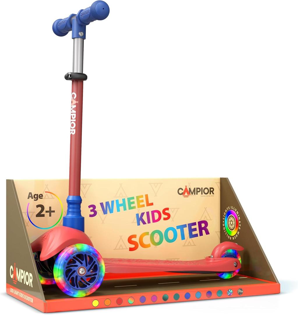 Red & Blue Mini 3 Wheel Scooter for Kids Lean-to-Steer with LED Light-Up Wheels, Adjustable Handlebar, Wide Anti-Slip Deck, Smooth PU Wheels, Rear Foot Brake Toddler Scooter for Ages 2+