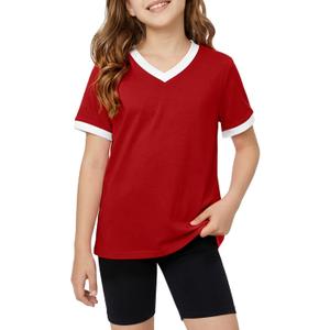 Poroka Girls Short Sleeve Shirt V-Neck Tee with Ribbed Trim Plain T-Shirts Soft Fashion Summer Tops for Girls, 7-14 Years (Red)