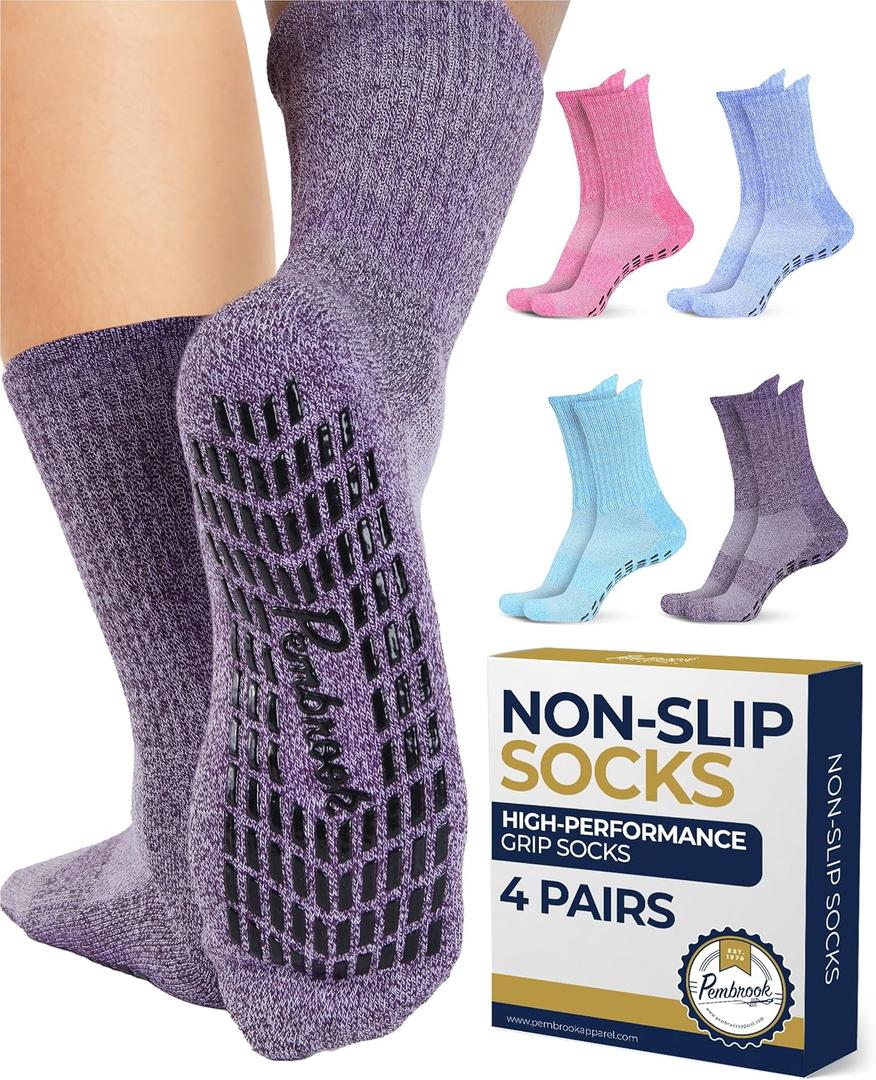 Pembrook Non Slip Crew Grip Socks Men & Women - 4 Pairs | Non Slip Socks for Elderly, Hospital, Pilates, Yoga, Barre, Home, L