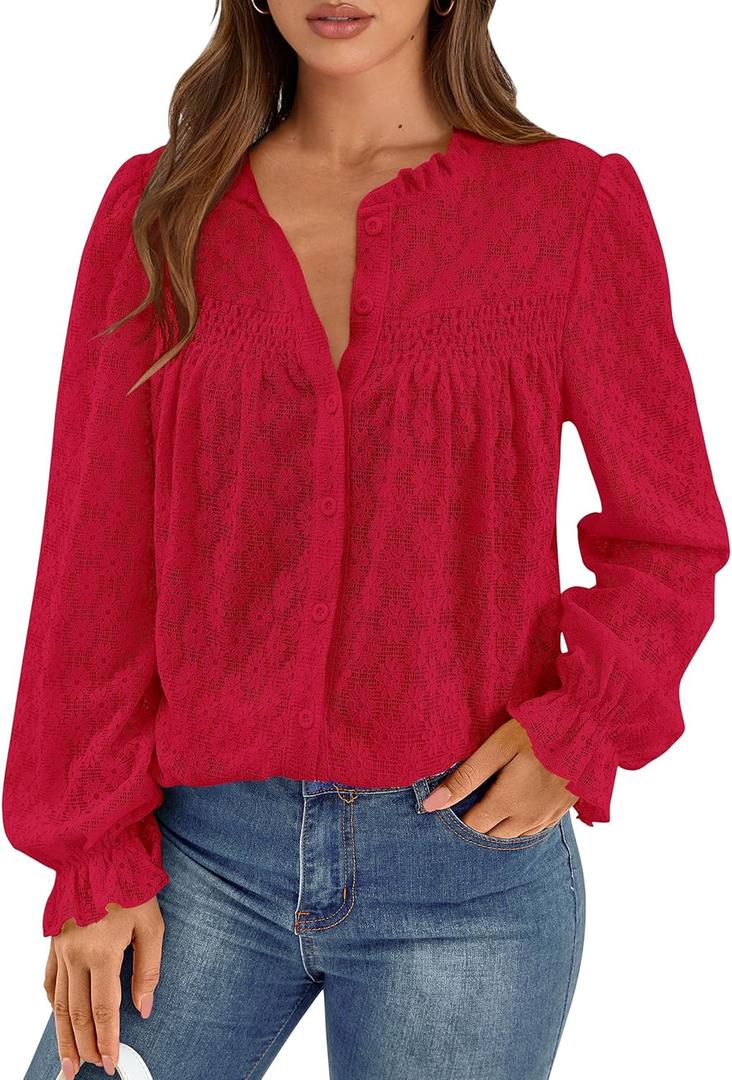 PRETTYGARDEN Lace Long Sleeve Shirts Casual Button Down Going Out Tops Hollow Out Eyelet Blouses 2026 Spring Fashion Clothing (Red,Small) 