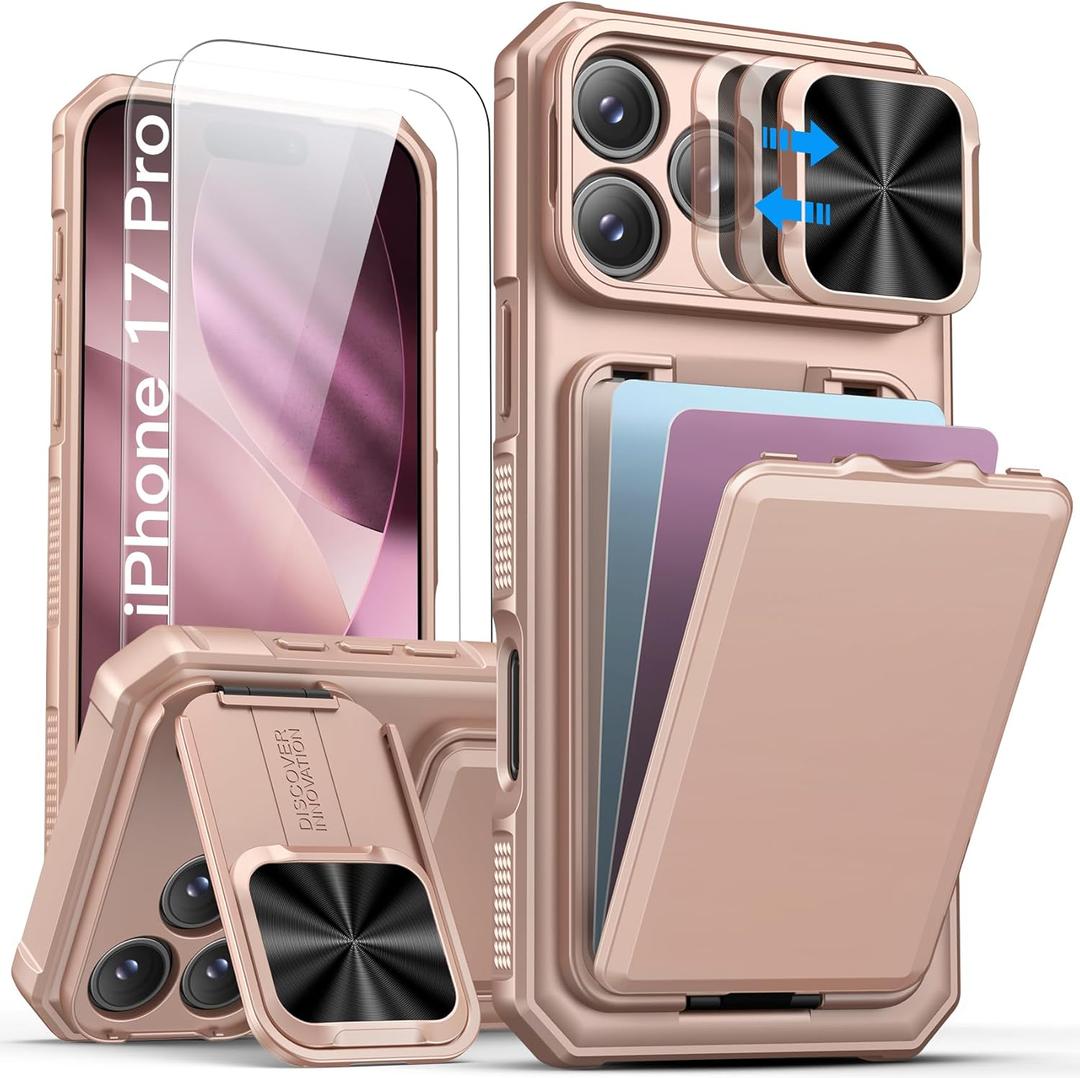 SSLOTSCASE for iPhone 17 Pro Case with 2X Screen Protector, HD Clarity Anti-Scratch, Card Holder & Kickstand & Slide Camera Cover, Military-Grade Heavy Duty Rugged Phone Cover for iPhone 17 Pro, Gold