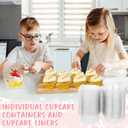 100 Sets Individual Cupcake Containers Single Cupcake Carrier with Lids Plastic Cake Holders and Gold Liners Stackable Deep Dome Bakery Supplies for Baking Transport Party Catering