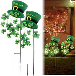 Novabright 2 Pcs 24.4'' St. Patrick's Day Outdoor Decorations Saint Patrick's Garden Stakes with Solar Light Decorative Metal Leprechaun Shamrock Hat Yard Signs for Garden Lawn Porch