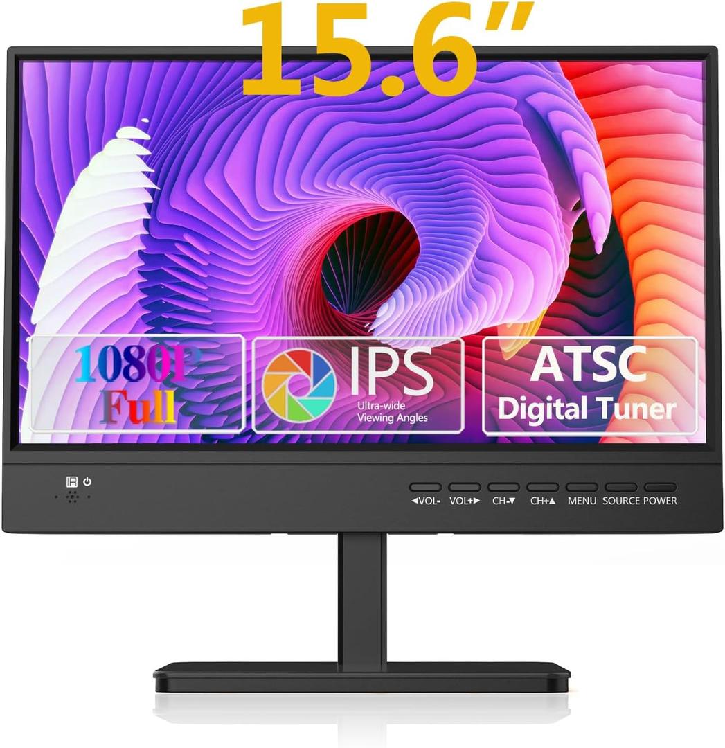 15.6 inch Small TV,Flat FHD IPS 1080P Screen TV with Antenna and Digital ATSC Tuner,HDMI/USB/VGA/Port,12 Volt Car Charger Cable/AC Power for Kitchen and Caravan