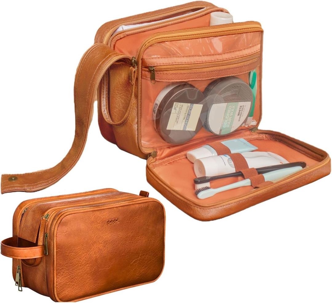 Dot&Dot Leather Toiletry Bag for Men Women - Spacious Women's Men's Toiletry Travel Bag, Large Travel Toiletries Bags (Rugged Brown, Large)