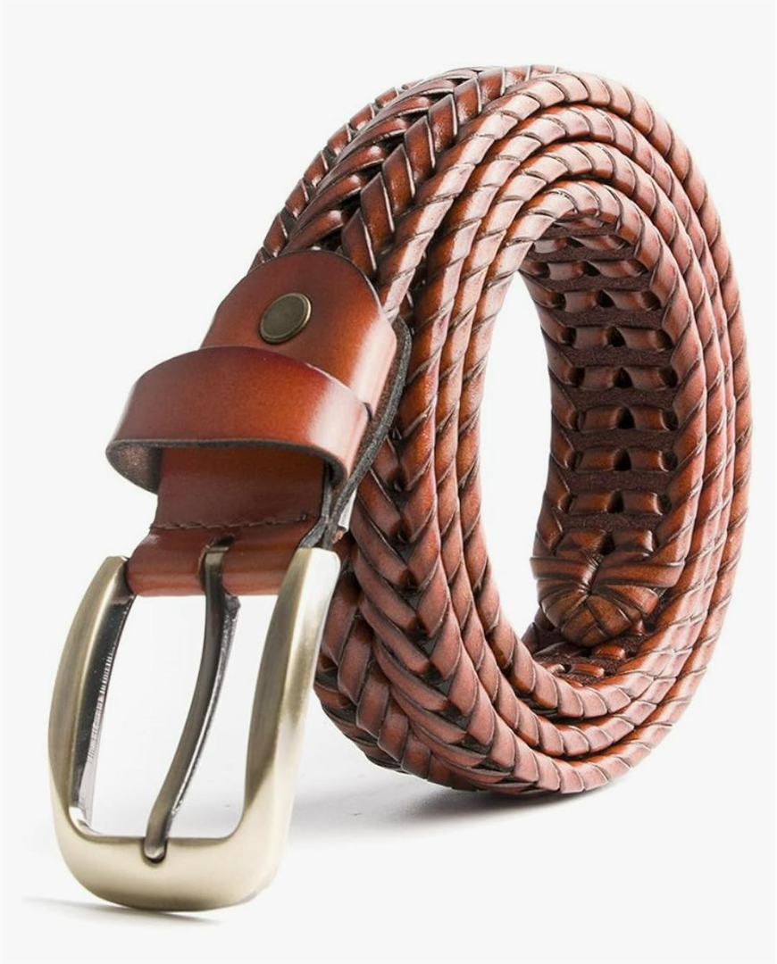 Men Braided Woven Genuine Leather Belt Brown