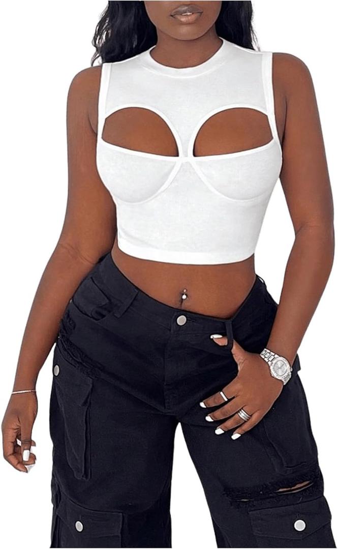 SweatyRocks Women's Cut Out Cropped Tank Top Crew Neck Slim Fit Sleeveless Ribbed Camisole (White, S)