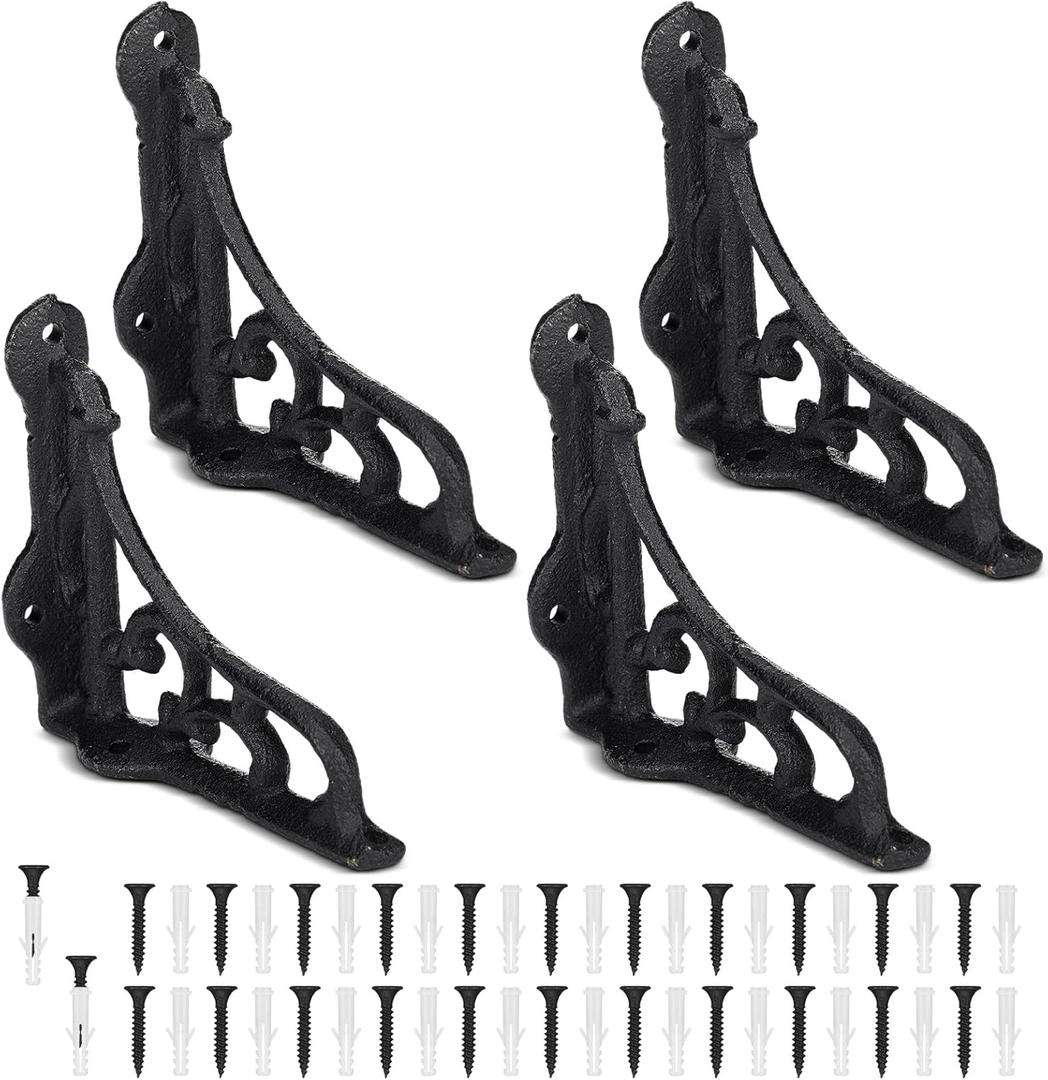 4 Pack 4-1/8 x 3-5/8 Black Antique Shelf Brackets Decorative L Cast Iron Shelf Bracket Brace Heavy Duty Wall Mounted Floating Rustic Vintage Baroque for Farmhouse DIY