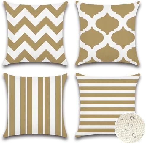 OTOSTAR Set of 4 Waterproof Throw Pillow Covers 20x20 Inch Farmhouse Geometric Square Pillow Cases for Couch Patio Furniture Balcony Garden Outdoor Decoration（Geometry70-Khaki）Pack of 2