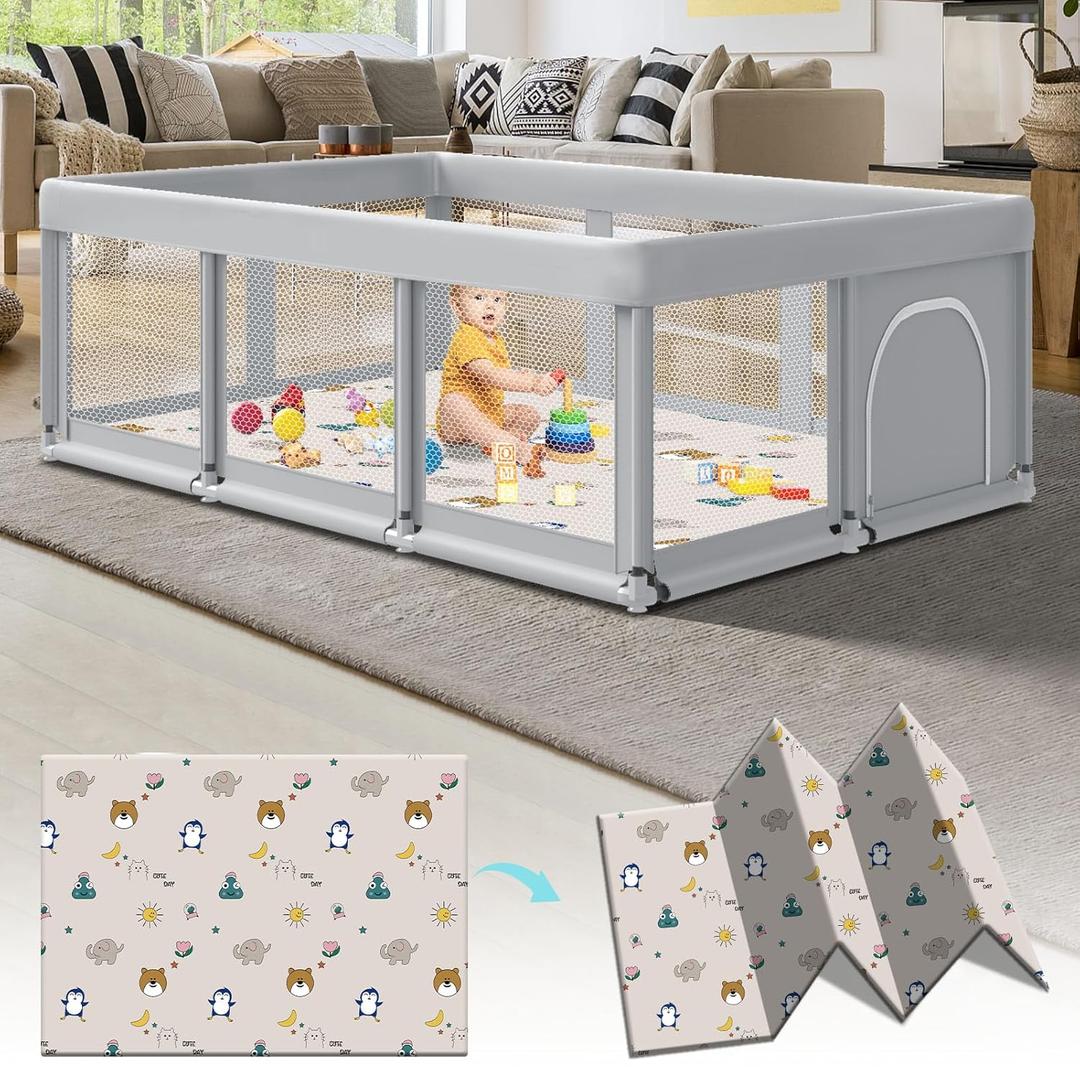 74" 50" Large Baby Playpen, Baby Playard for Babies and Toddlers, Play Pens for Indoor & Outdoor, Sturdy Safety Play Yard with Soft Breathable Mesh, Anti-Fall, Grey (with MAT) (74*50 IN+MAT, Grey)