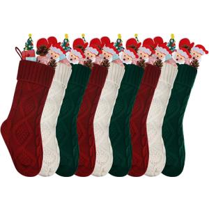 9 Pcs Christmas Stockings Classic Knitted Stockings Rustic Candy Stockings Cable Knit Stockings Xmas Tree Hanging Ornaments for Holiday Fireplace Home Decor (Green, Red, Ivory, Large/ 18 Inch)