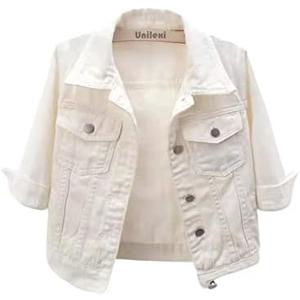 Unilexi Women's 3/4 Sleeve Colored Cropped Denim Jacket Light Wash Short Jean Jacket Trucker Coat, Large