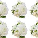 Meldel Pocket Boutonniere for Men, Set of 6, Groom Groomsman Boutonnieres for Wedding Prom Suit Accessories, Artificial White Rose Corsage for Party Ceremony Anniversary Graduation Flowers