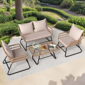 YITAHOME Outdoor Patio Conversation Set 4 Pieces, Wicker Furniture with Soft Cushion & Coffee Table, Rattan Bistro Set Patio Set Chairs with Side Table for Backyard, Balcony, Deck, Beige