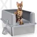 Enclosed Stainless Steel Cat Litter Box with Lid, XL Extra Large Litter Box for Big Cats, Metal Litter Pan High Sided, Never Absorbs Odors, Anti-Urine Leakage, Include Scoop (SH-Light Gray)