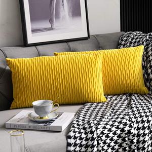DEZENE Mustard Yellow Couch Pillow Covers: 2 Pack 12x20 Inch Original Striped Velvet Rectangular Throw Pillow Cases for Farmhouse Home Decor