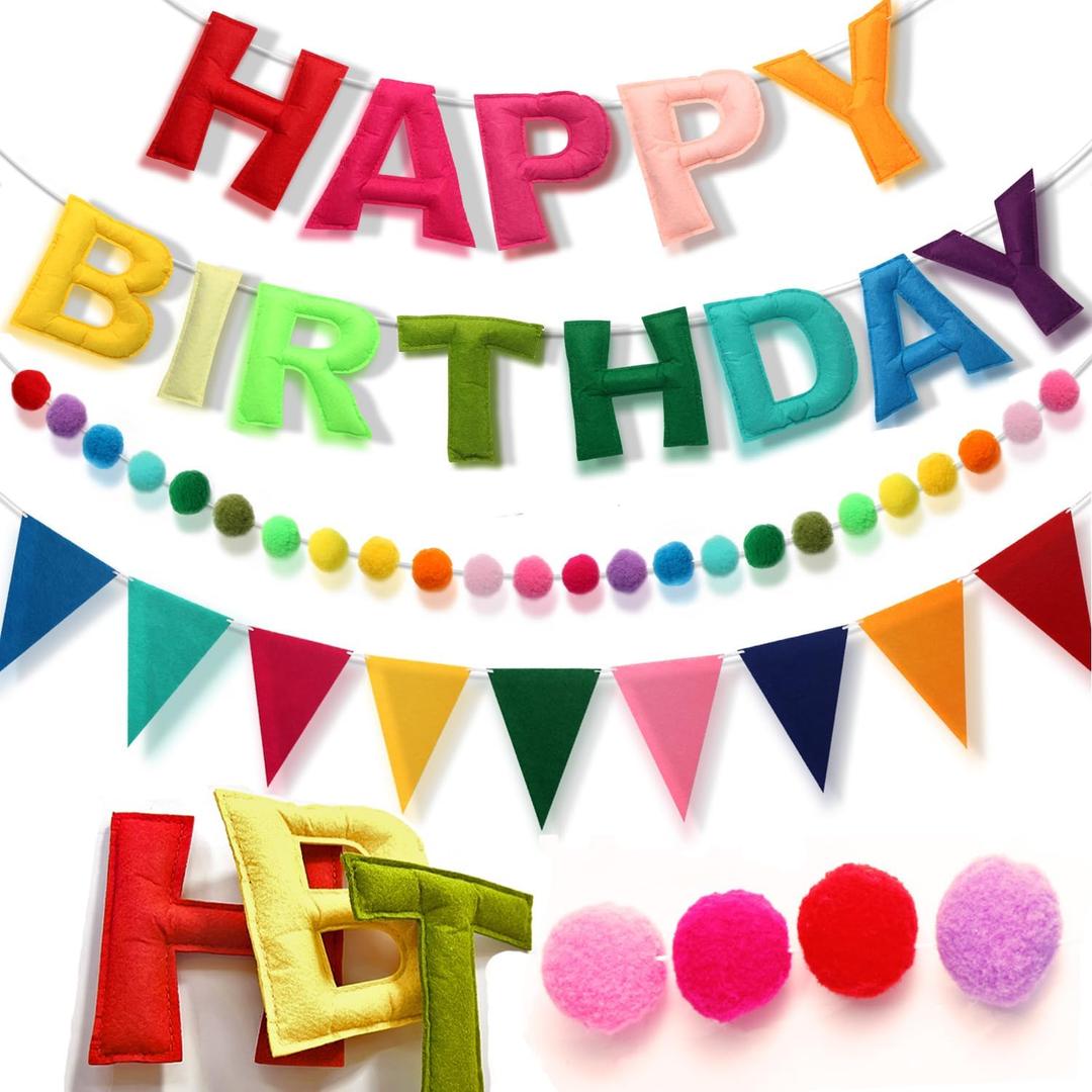 Pre-Strung Happy Birthday Banner, Felt Ball Garland Happy Birthday Garland, Rainbow Decorations Decor Party Pennant, Multicolor Bunting String Triangle Flags Bulk Rainbow Bunting (Colorful)