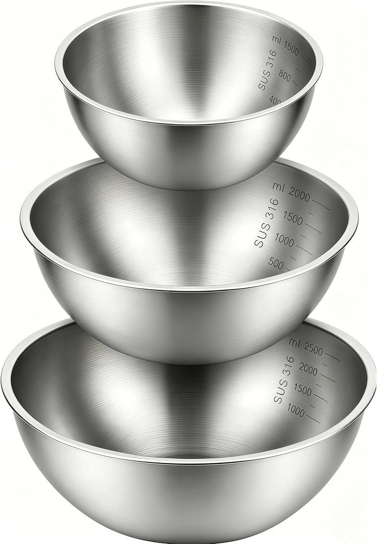 Stainless Steel Mixing Bowls Set of 3, 1.5/2.5/4 Qt Metal Mixing Bowls with Measurement Marks, Nesting Stainless Steel Bowl Set, Dishwasher Safe Stackable Kitchen Bowls for Baking, Salad & Meal Prep, 9.8*9.8*4.1