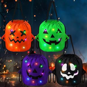 Amylove 4 Pcs Halloween Trick or Treat Bags Light up LED Bucket 10.4 x 9.8 Inches Glow in The Dark Candy Bags with Drawstring for Kids Trick or Treat Halloween Birthday Party Favor