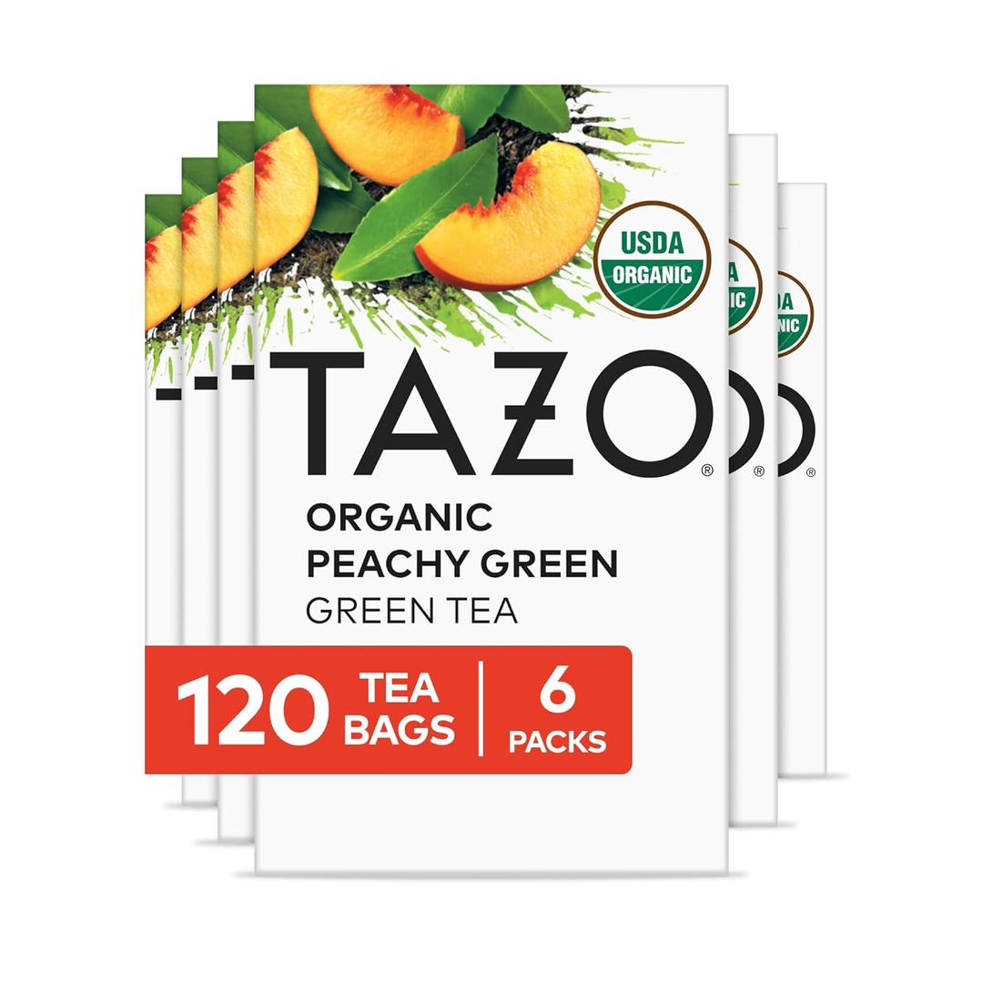 TAZO Organic Peachy Green Tea Bags, Green & Black Tea Blend with Sweet Peach Flavor, Caffeinated Tea, 120 Total Bags (20ct - Pack of 6) (EXP 05/14/27)
