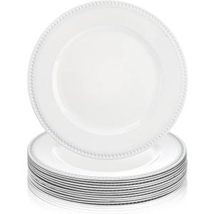 Okllen 12 Pack Plastic Round Charger Plates, 13" Dinner Chargers Decorative Plates with Beaded Rim, Embossed Charger Serving Plates for Wedding, Catering Event, Tabletop Decor, White