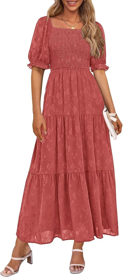 PRETTYGARDEN Women's 2026 Summer Casual Midi Dresses Square Neck Short Sleeve Smocked A Line Floral Flowy Elegant Boho Dress (Red, L)