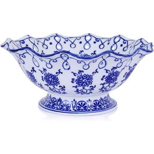 9.4in Blue and White Ceramic Fruit Bowl, Porcelain Decoration Bowl, Fruit Serving Plate,Storage Bowl,Decorative Pedestal Bowl for Table Countertop,Kitchen Island Centerpiece, Home Dining Dcor