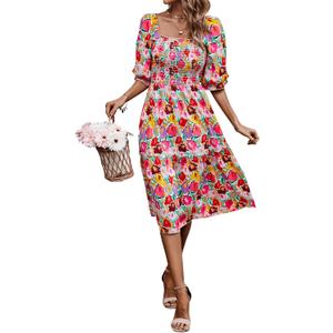 PRETTYGARDEN Women's Summer Casual Dresses 2026 Spring Puff Sleeve Square Neck A Line Flowy Boho Floral Smocked Midi Dress