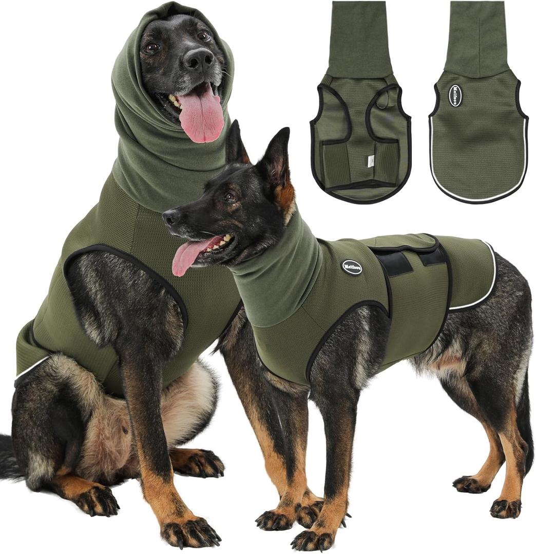 Meifsou Dog Anxiety Vest with Hood, Skin-Friendly Thunder Jacket for Dogs, All-in-One Dog Calming Shirt with Hood for Thunder, Fireworks, Separation - Keep Pet Calm Without Medicine, Army Green, L