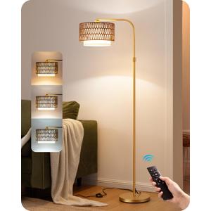 EDISHINE Rattan Floor Lamp for Living Room with Remote & Dimmable LED Bulb,63'' Mid Century Rattan Fabric Shade Standing Lamp with 5 Color Temperature, Farmhouse Boho Standing Lamp for Bedroom Office