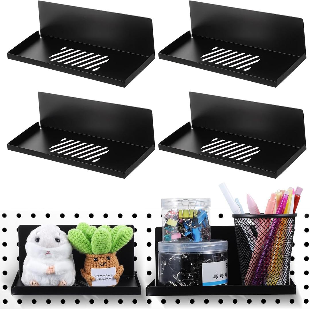 4 Pack Magnetic Pegboard Shelves Wall Organizer Metal Pegboard Shelf Steel Tray Accessories Organizing Tools for Craft Home Kitchen (7.7 x 4.7 x 3.5 Inches, Black)