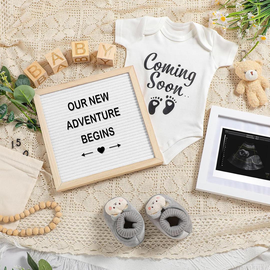 Canlierr 9 Pcs Pregnancy Announcement Set Pregnancy Reveal Ideas Felt Letter Board Baby Bodysuit Booties Photo Frame Bear Plush Wood Blocks for Coming Soon Baby Announcement(White)