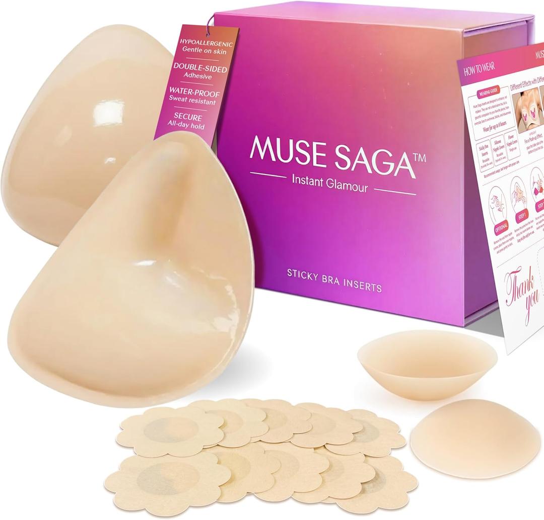 Muse Saga Push Up Sticky Bra Inserts Hypoallergenic Reusable Sticky Bra Pads & Breast Enhancers for Women, Sweat Resistant, Small