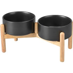 SPUNKYJUNKY Ceramics Raised Dog Bowls with Wooden Stand - Elevated Dog Feeding Set (Double 28.7OZ, Black) (Medium - 3.6 CUPS)