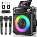 HWWR Karaoke Machine with 3 Wireless 0-Delay Microphones for Adults, Portable Bluetooth Speaker with 5.25" Woofer & 2" Tweeter, PA System Bass/Treble/Echo Control Supports TWS/FM/TV/AUX/USB/TF/REC