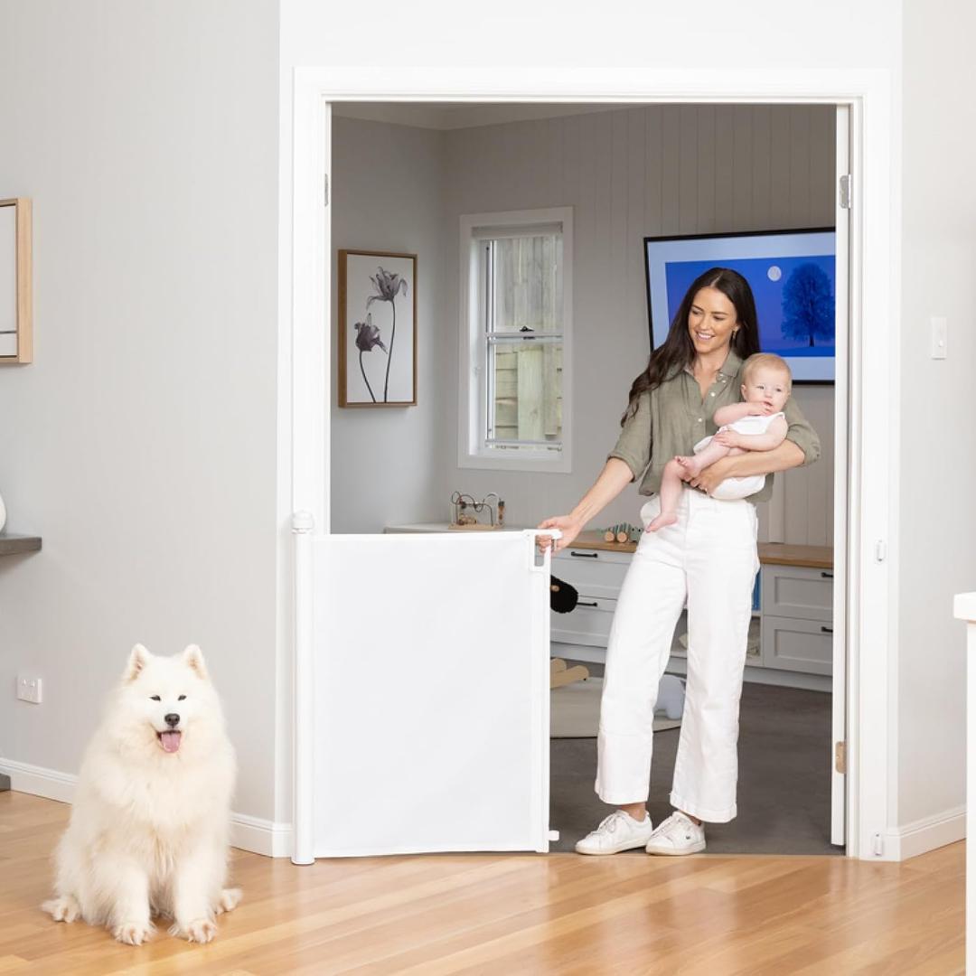 Perma Child Safety Indoor Outdoor Ultimate Retractable Baby Gate, 38.6" Tall Extends to 79" Wide, White