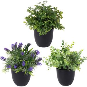 3 PACK 10" H Artificial Plant Greenery Pot (9" W Potted Greenery: Fake Faux Lavender Eucalyptus Boxwood) for Home Decoration Shop Decor Office Desk Dining Table Kitchen Washroom Garden Party Wedding