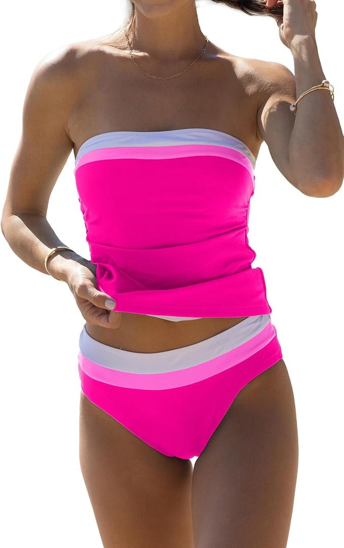 Beachsissi Women's Bandeau Swimsuits Strapless Tummy Control Color Block Tankini Sets (L)