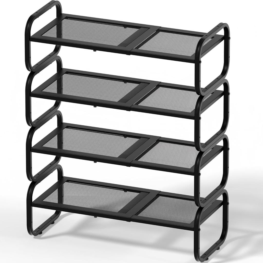 4Tier Shoe Rack - Expandable Shoe Organizer for Closet, Adjustable Metal Shoe Shelf Storage, Stackable Long Shoe Stand Holder for Garage, Entryway, Door Entrance