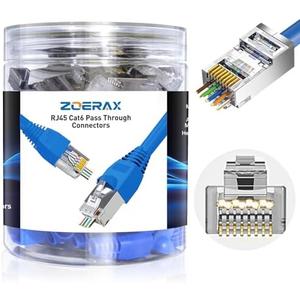 50 Pack Cat 6A Shielded Pass Through RJ45 Connectors with 50 Pack Strain Relief Boots, Modular Plug 3-Prong Gold Contacts 1.20mm RJ45 Pass Through Connector for Solid or Stranded STP Network Cable