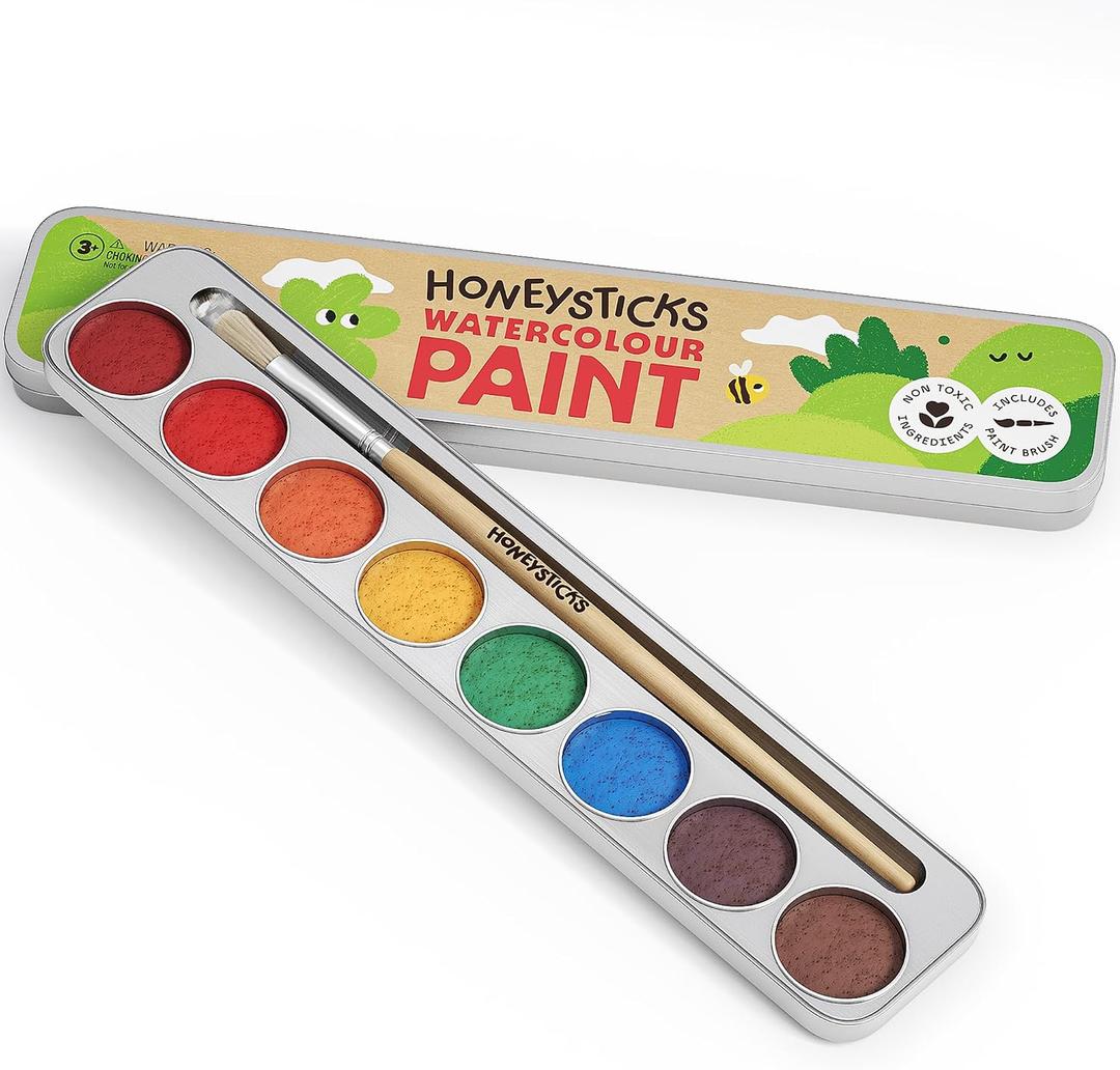 Honeysticks Non-Toxic Watercolor Paint Set for Kids and Toddlers - 8 Vibrant and Long Lasting Colors with Brush - Natural and Food Grade Ingredients - Child Safe Art Supplies - Great Gift Idea