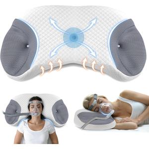 CPAP Pillow for Side & Back Sleepers - Mask Compatible Contour Design to Reduce Leaks, Breathable Memory Foam Pillow with Ergonomic Support & Hose-Friendly Cutouts for Comfortable Sleep, Grey