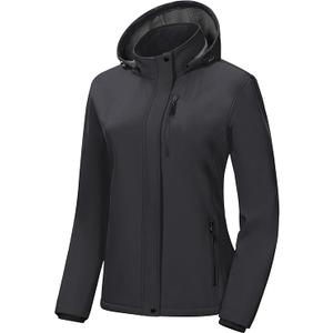 Pursky Women's Softshell Jacket Lightweight Fleece Lined Rain Jacket Waterproof Warm Windbreaker Coat With Removable Hood (2XL, Dark Grey)