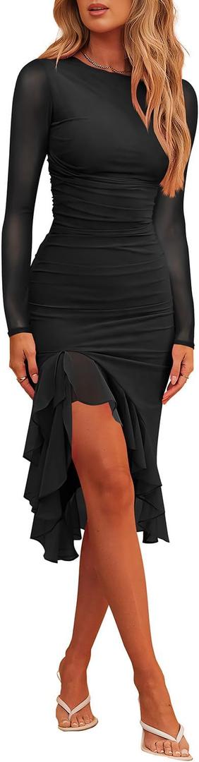 Hocuos Womens 2024 Round Neck Long Sleeve Ruffle Hem Midi Dress Mesh Ruched Bodycon Formal Cocktail Wedding Guest Dresses-Black Medium