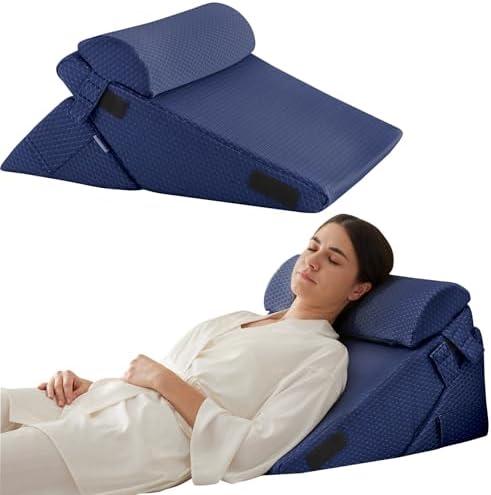 Bedluxe 3Pcs Orthopedic Bed Wedge Pillow Set, Foam Wedge Pillow Post Surgery for Back, Leg and Knee Support, Adjustable 9&12 Inch Folding Triangle Pillow for Sleeping, Acid Reflux, Snoring, Navy 