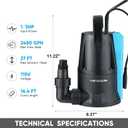 Sump Pump, 1/3 HP 1850GPH Automatic Submersible Utility Water Pump, Portable Electric Low Level Drain Water Removal Pump with Sensor Switch for Swimming Pool Basement Garden Pond Draining